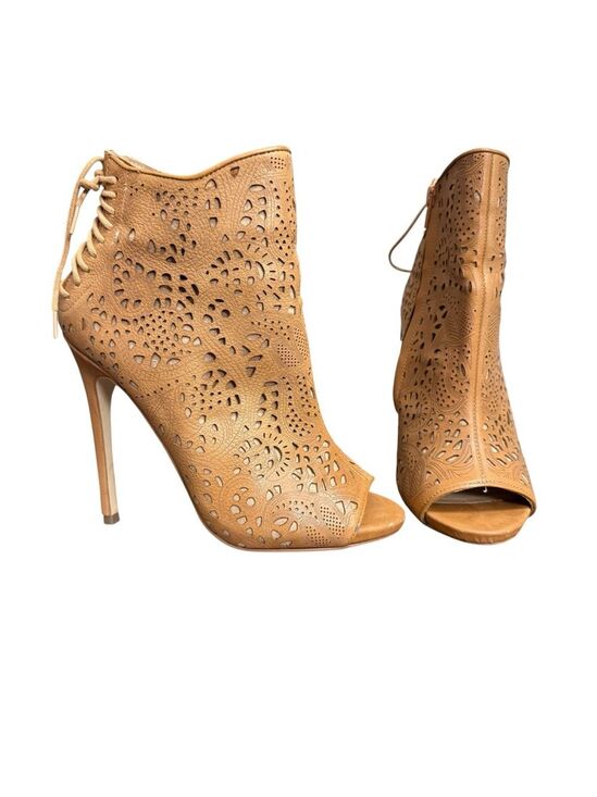 Steve Madden Shoes - Steve Madden Women’s 8M Korsett Tan Leather Peep Toe Laser Cut Booties 5” Stilet
